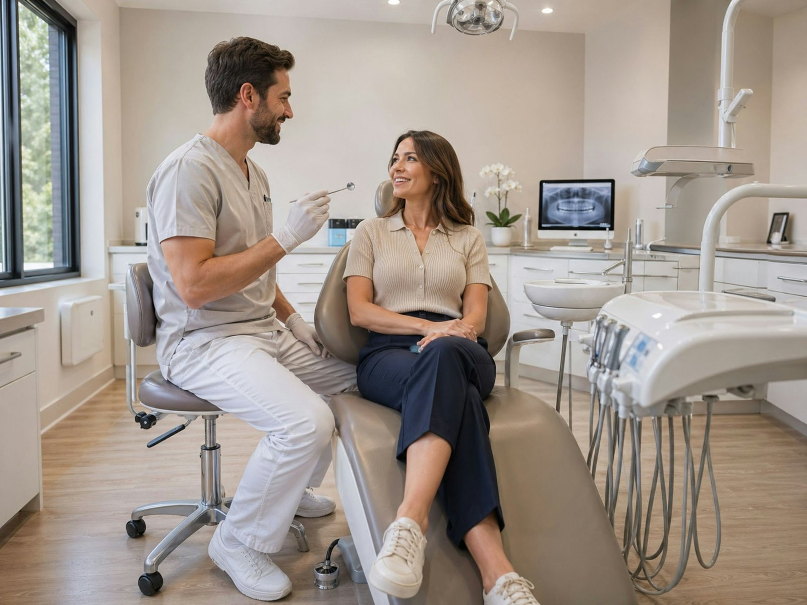 Dentista conversando con una paciente en la consulta