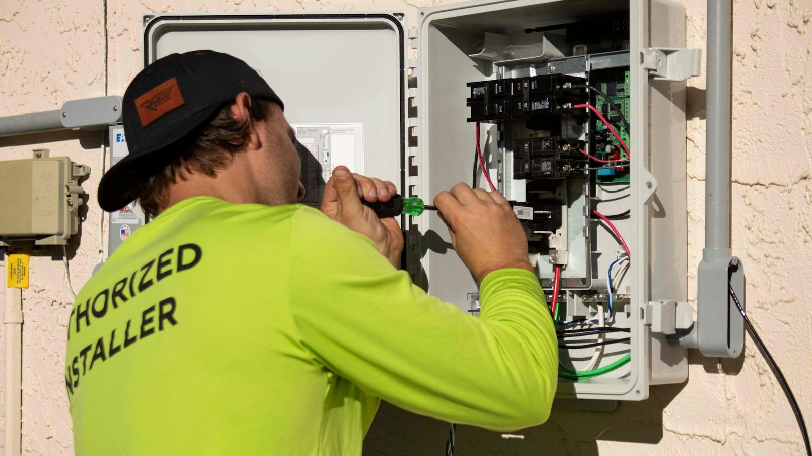 Electricista trabajando en un cuadro eléctrico con un destornillador