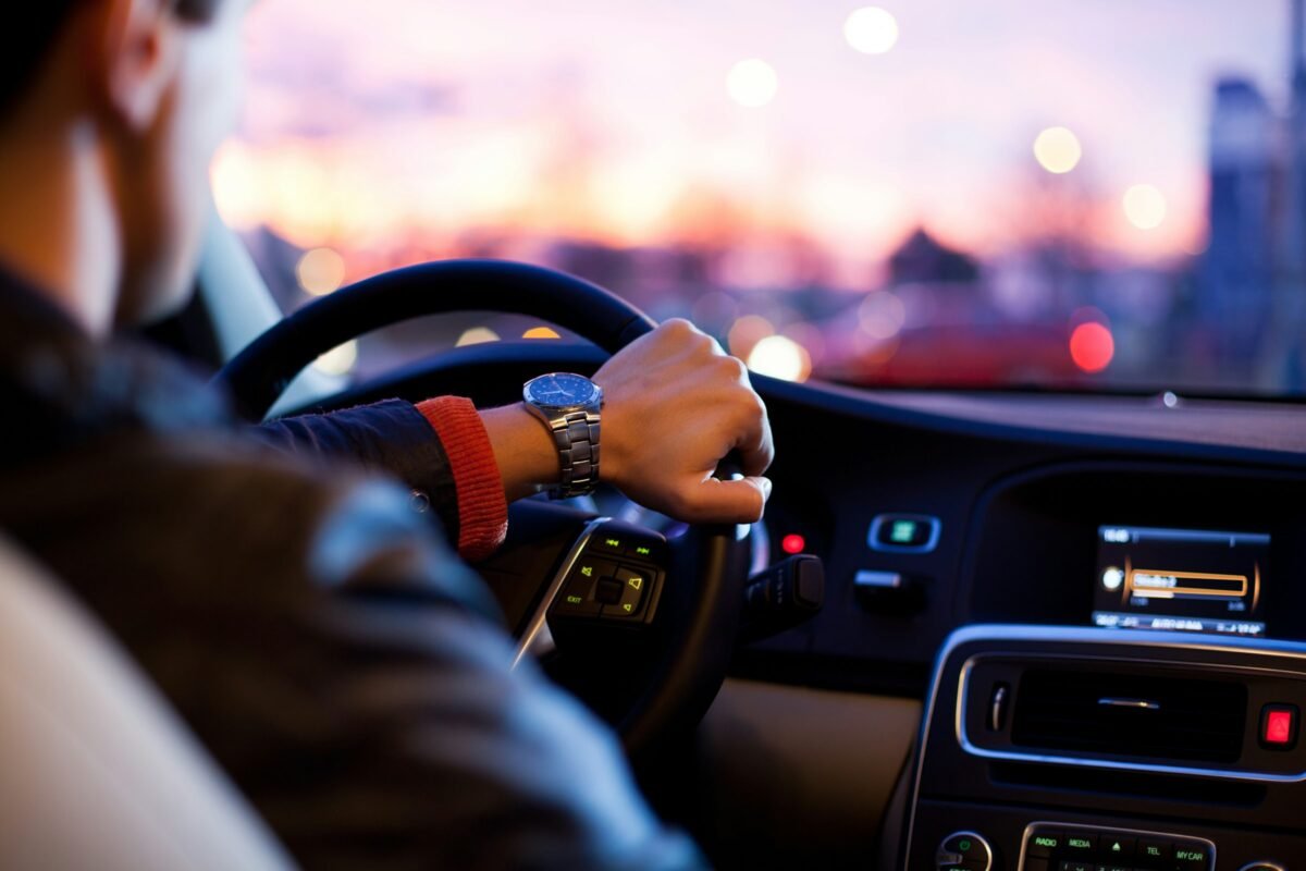 Conductor al volante de un coche al atardecer