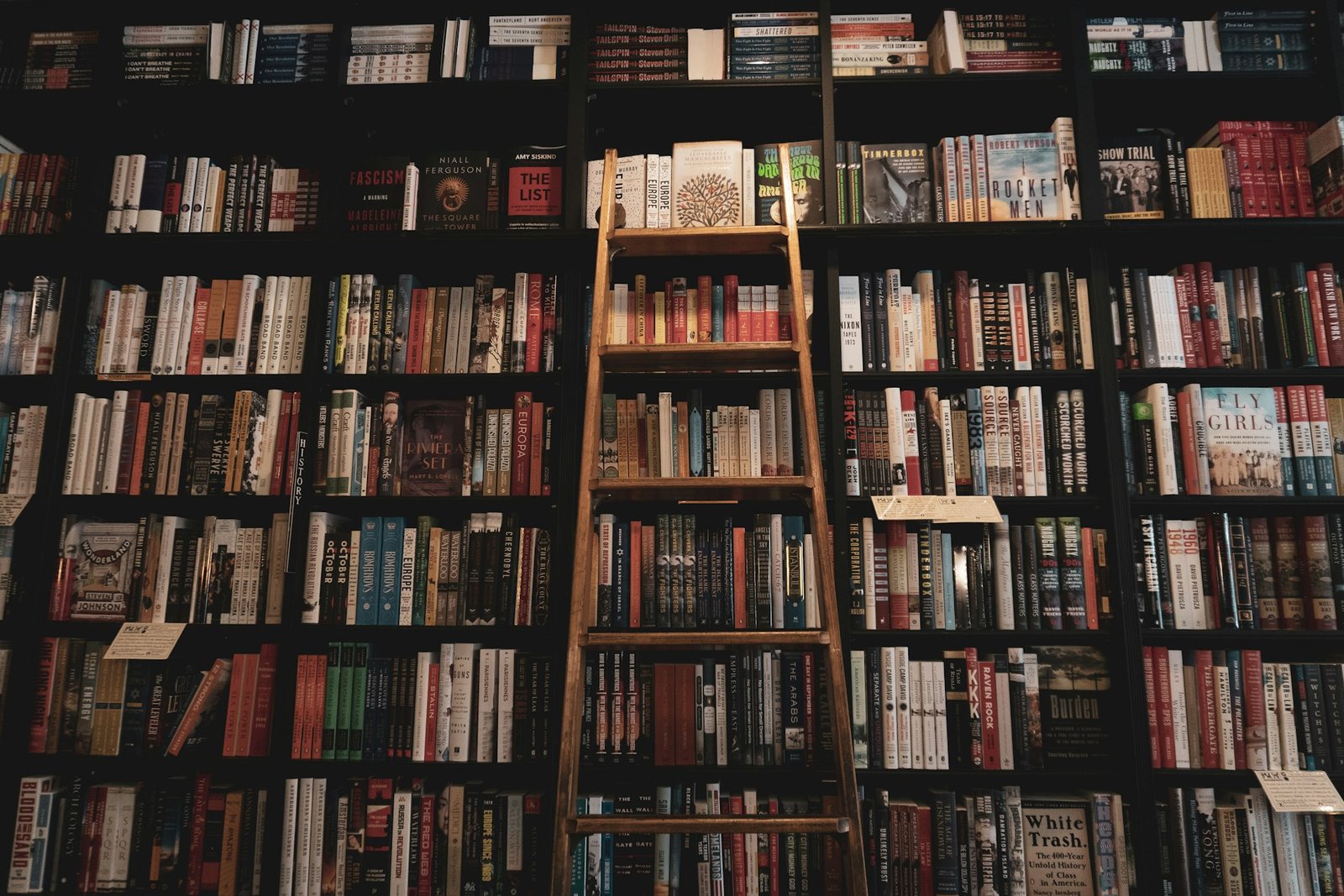 Escalera de madera apoyada en una estantería de libros